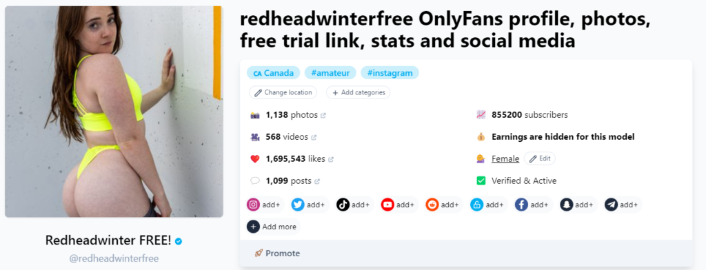 Free OnlyFans Without Credit Card @redheadwinterfree Fansmetric Page screenshot